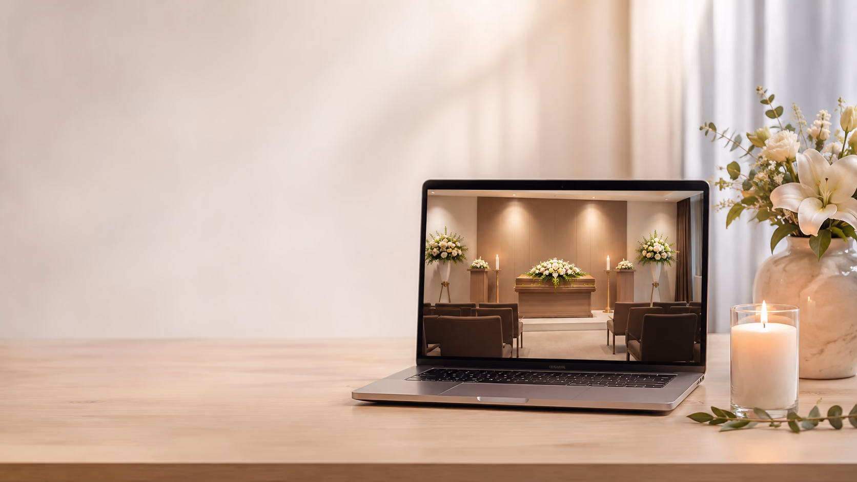Velório Online acompanhado por um computador em um ambiente acolhedor